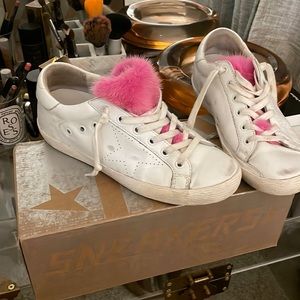 Golden Goose Super star white leather sneakers with pink fur Size 7